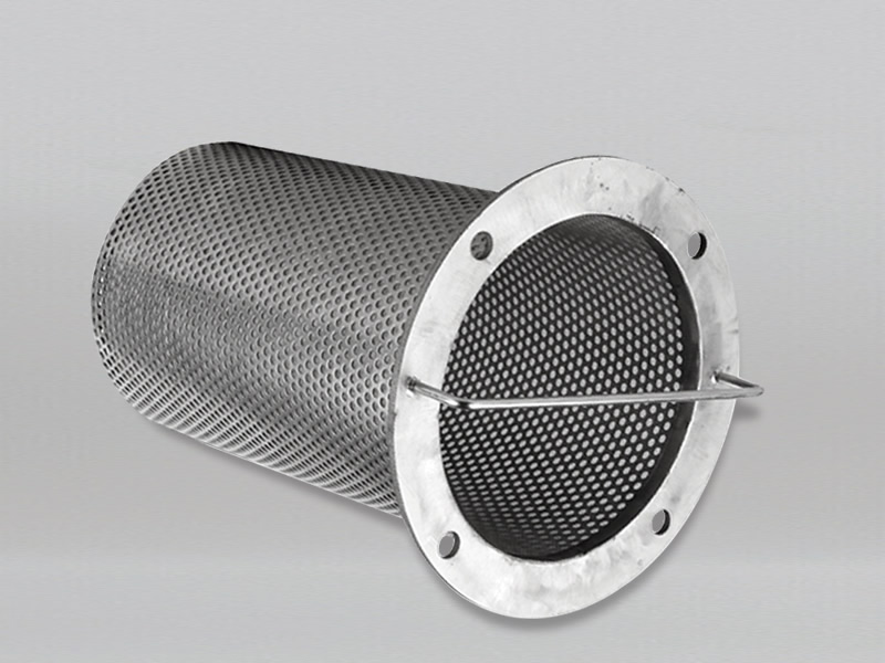 a piece of perforated basket strainer made of perforated layers only, with bolted flange and a round handle