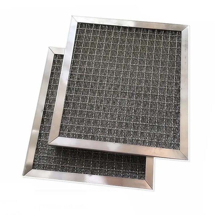 Two stainless steel panel filters with crimped support mesh and knitted mesh filter cores