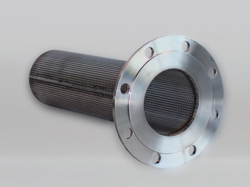 a piece of perforated basket strainer made of perforated layers only, with bolted flange