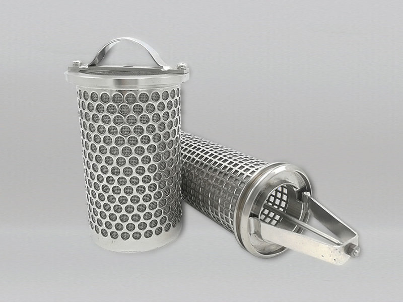 two pieces of perforated basket strainers, one with bolted handle, another with center support bar