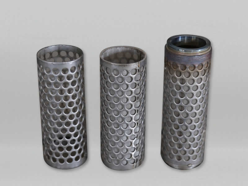 three perforated tubes and right two with inner fine woven mesh welded