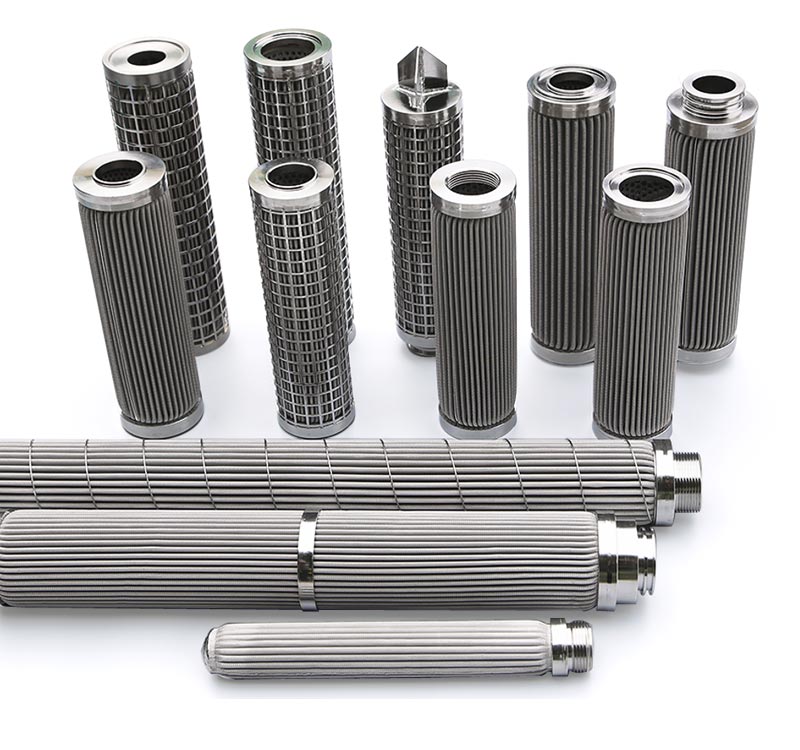 several pieces of stainless steel pleated metal filter elements with different dimensions and connections