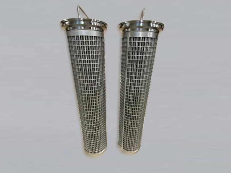 Pleated stainless steel filter cartridges with handles and perforated outer sleeves