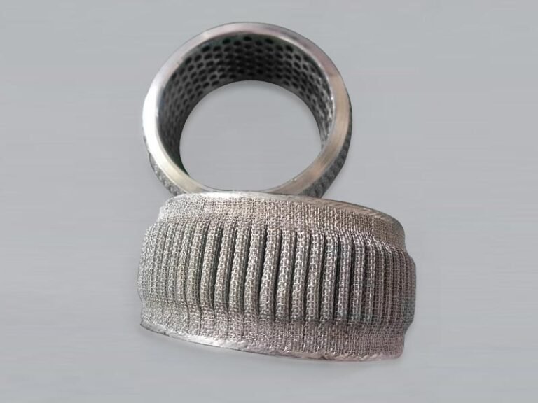 Two pleated stainless steel filter cartridges with internal reinforcing plates