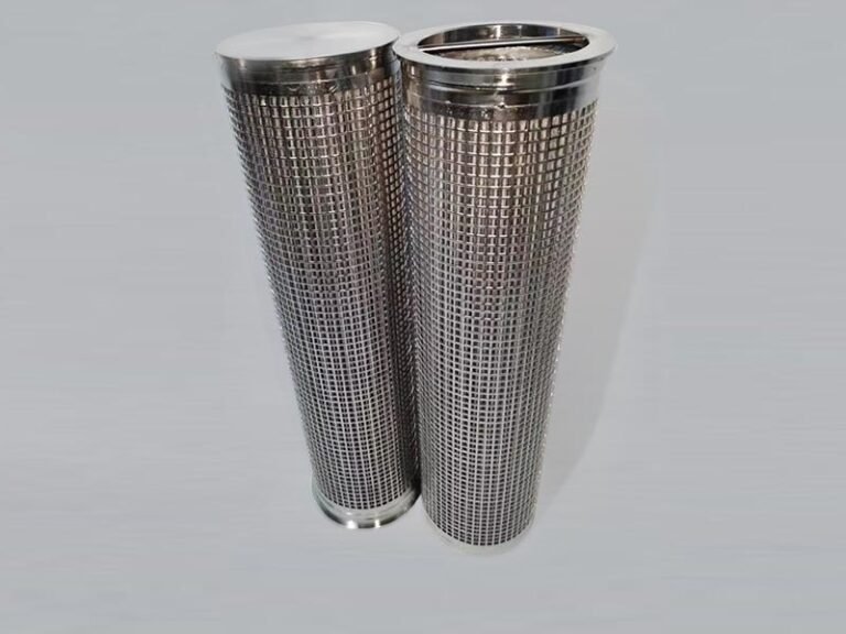Pleated metal filter cartridges with flanges and perforated outer sleeves