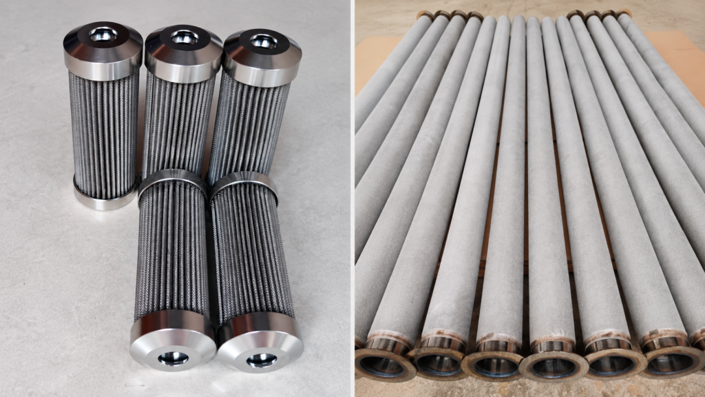 Sintered wire mesh filter cartridges and sintered metal fiber felt filter cartridges shown side by side