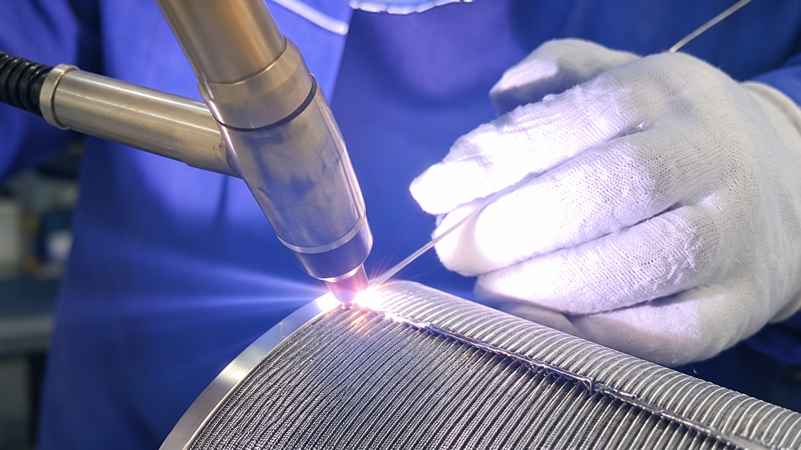 Close-up illustration of welding a curved metal mesh filter cylinder seam