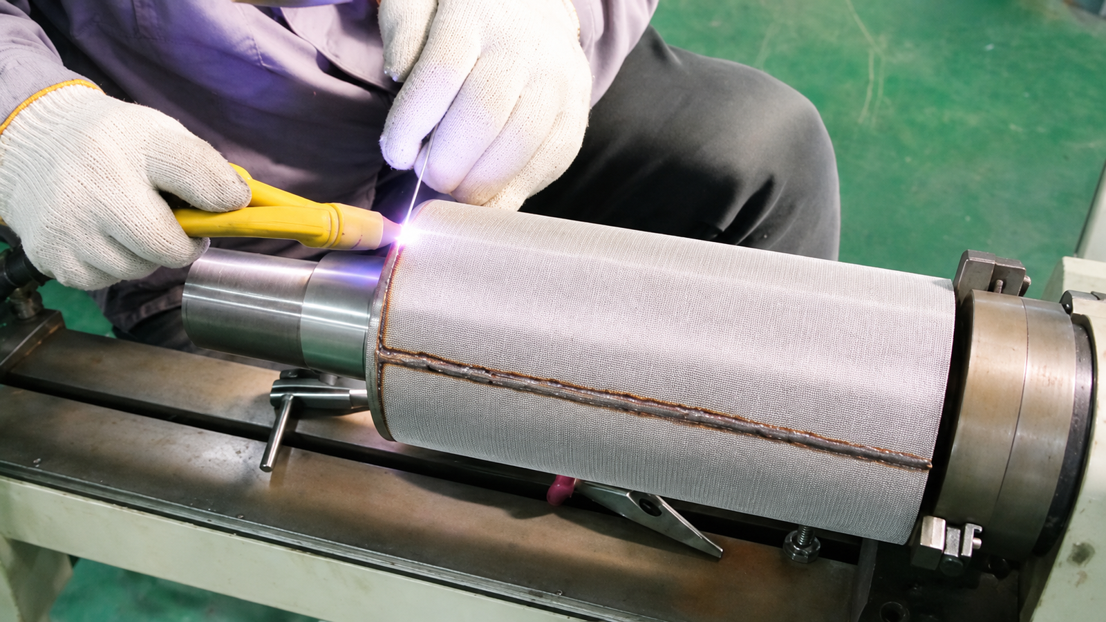 Illustration of welding a longitudinal seam on a metal mesh filter cylinder