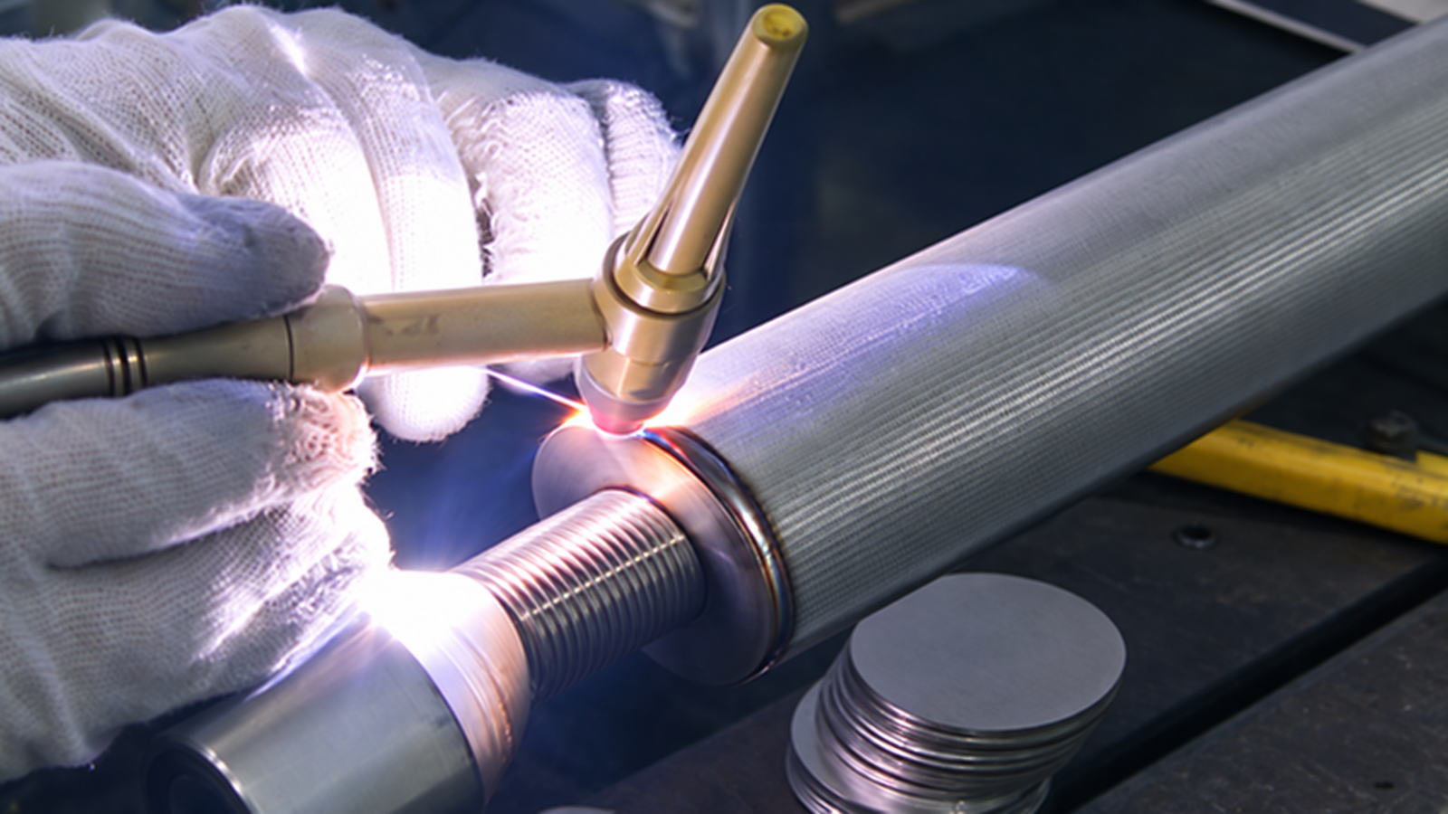 Illustration of welding a threaded end fitting to a sintered mesh filter cylinder