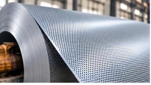 Perforated metal coil with round-hole sheet unwound from a roll