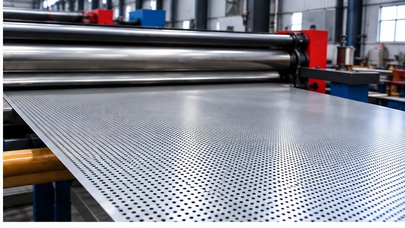 Illustration of perforated sheet passing through leveling rollers