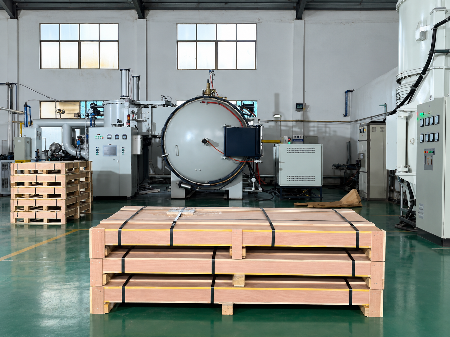 Vacuum Sintering Equipment for Porous Titanium Materials Vacuum sintering furnace and associated process equipment in a manufacturing workshop