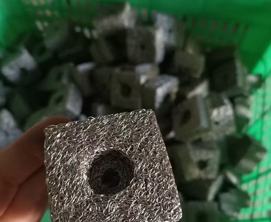 Custom-Shaped Knitted Wire Mesh Filter Square porous wire mesh component with a central opening