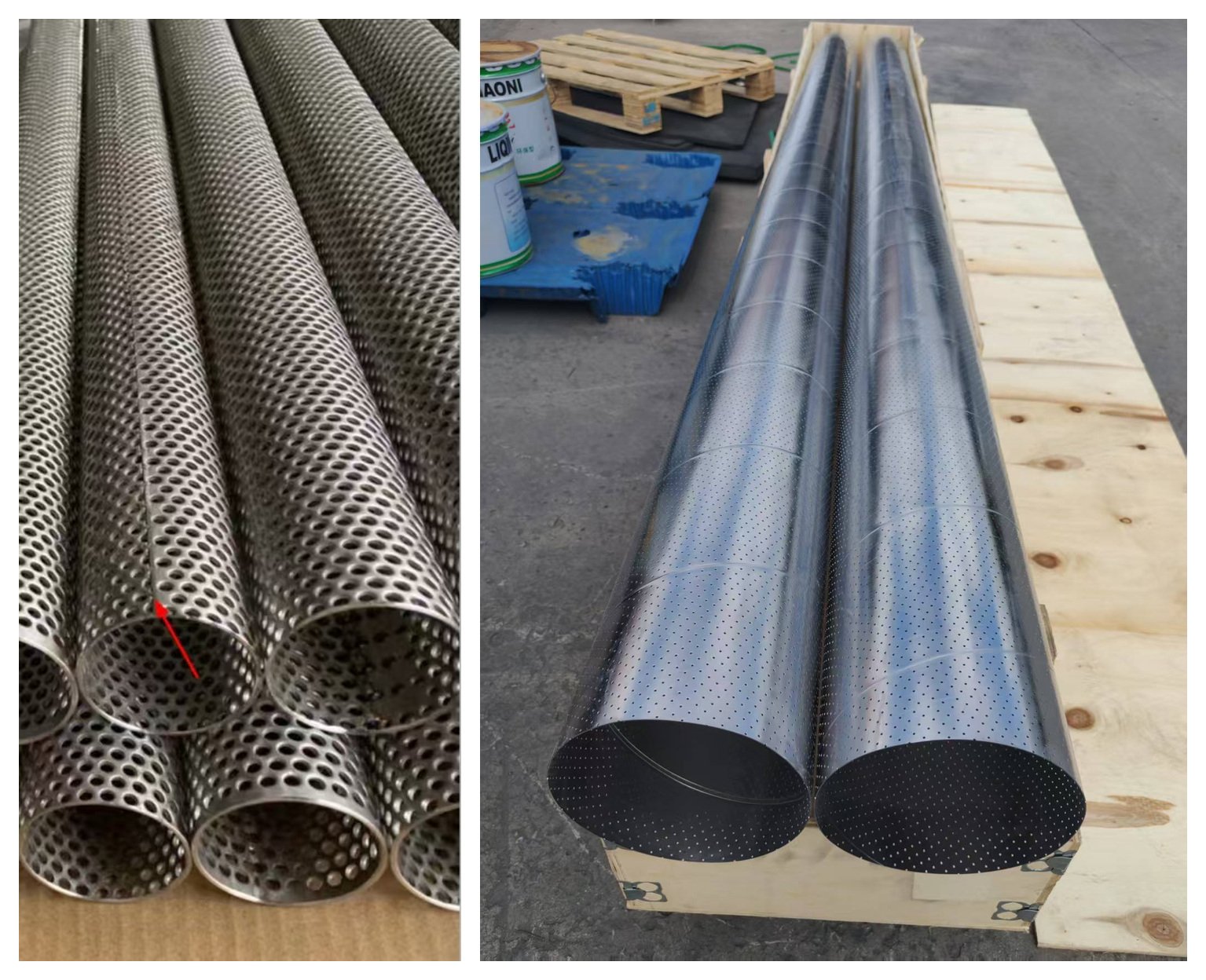 Longitudinal and spiral welded perforated tubes Side by side photos of longitudinal and spiral welded perforated tubes