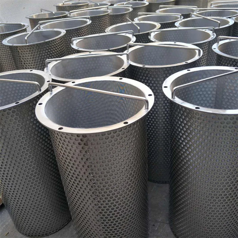 Metal strainer baskets with perforated outer supports, inner mesh and lifting handles