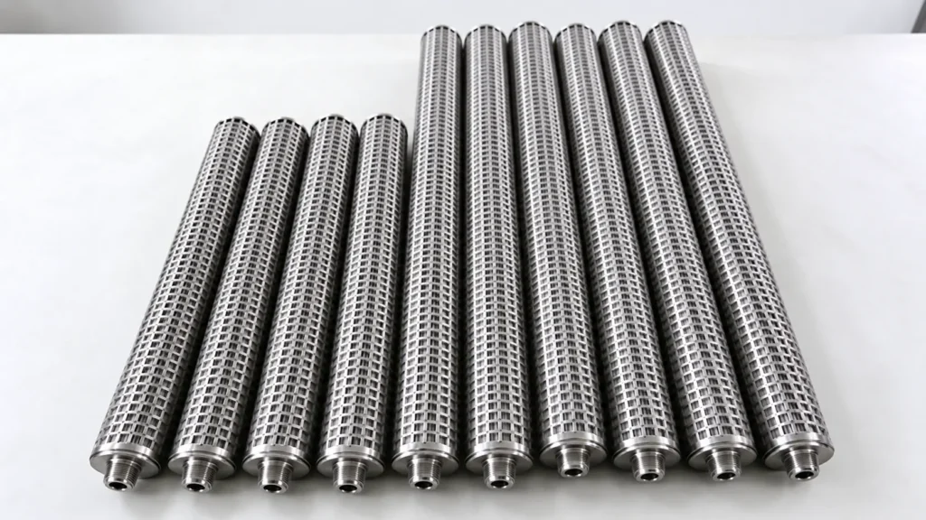 Illustration of metal filter cartridges with perforated protective outer sleeves