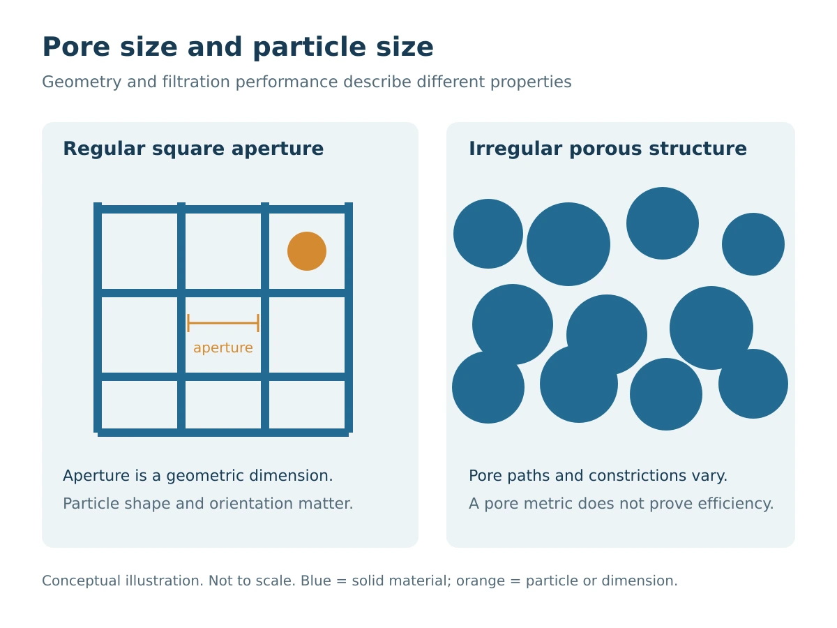Conceptual comparison of pore openings and particle dimensions, without assigning a removal efficiency