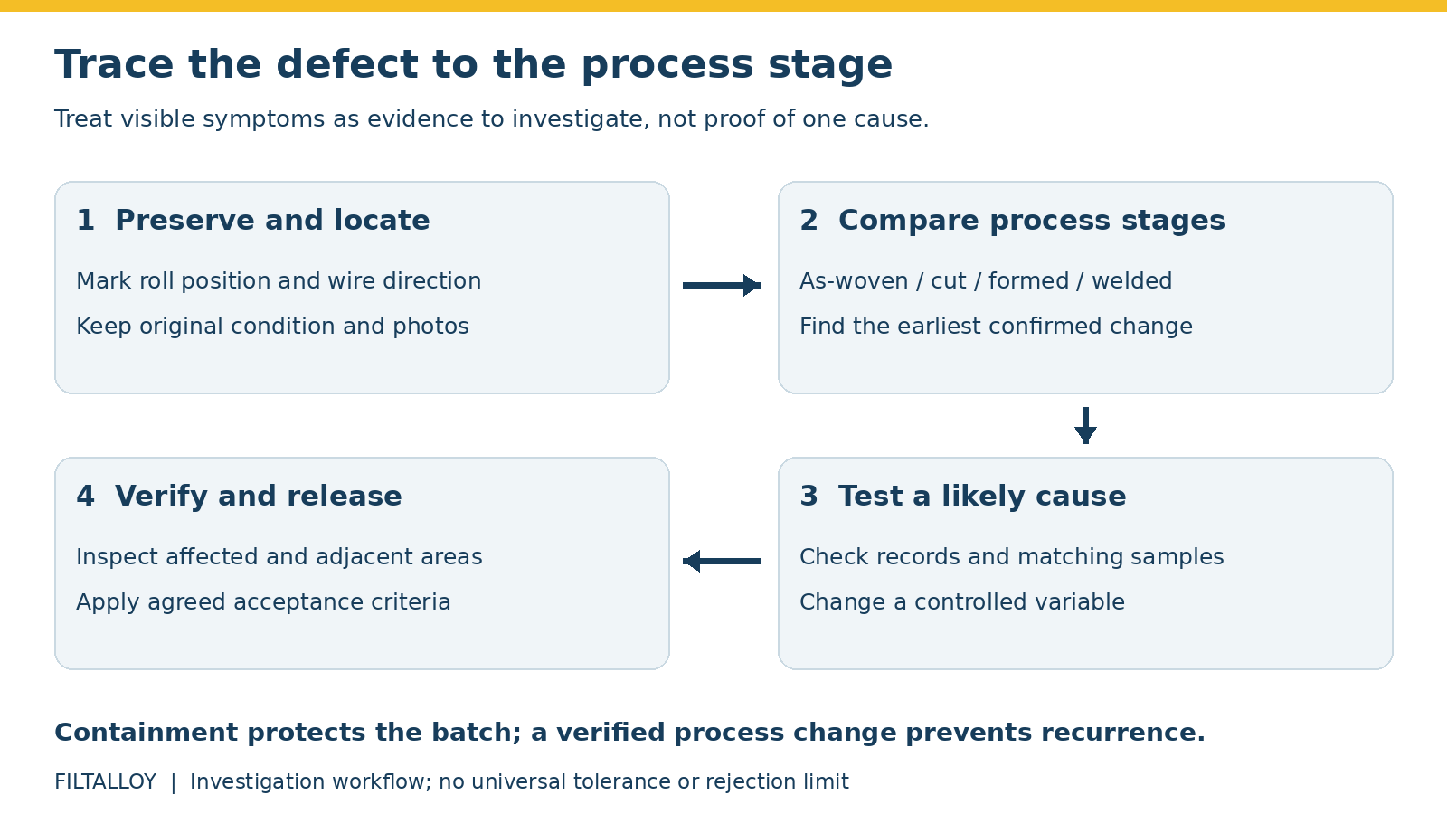 Four-step workflow tracing a wire mesh defect through evidence, process comparison, controlled checks and verification