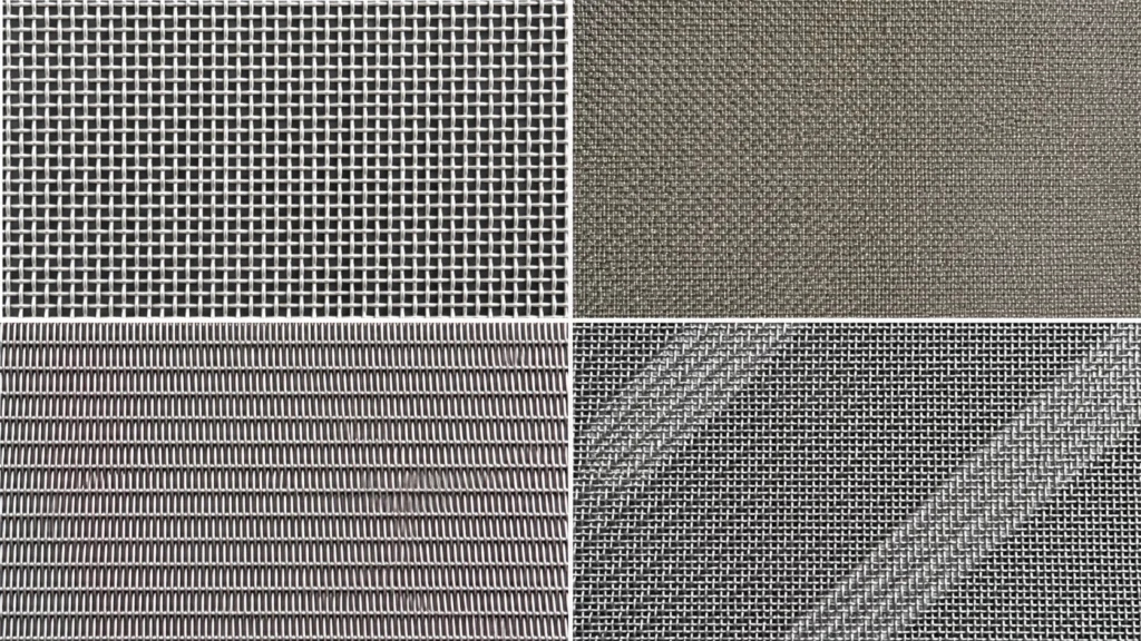 Open square, dense and diagonal woven metal mesh textures in a processed four-panel comparison based on factory photographs.