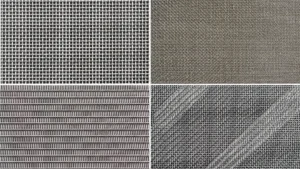 Open square, dense and diagonal woven metal mesh textures in a processed four-panel comparison based on factory photographs.