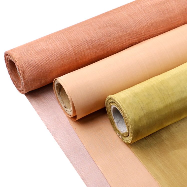 three woven mesh rolls in copper, brass and bronze